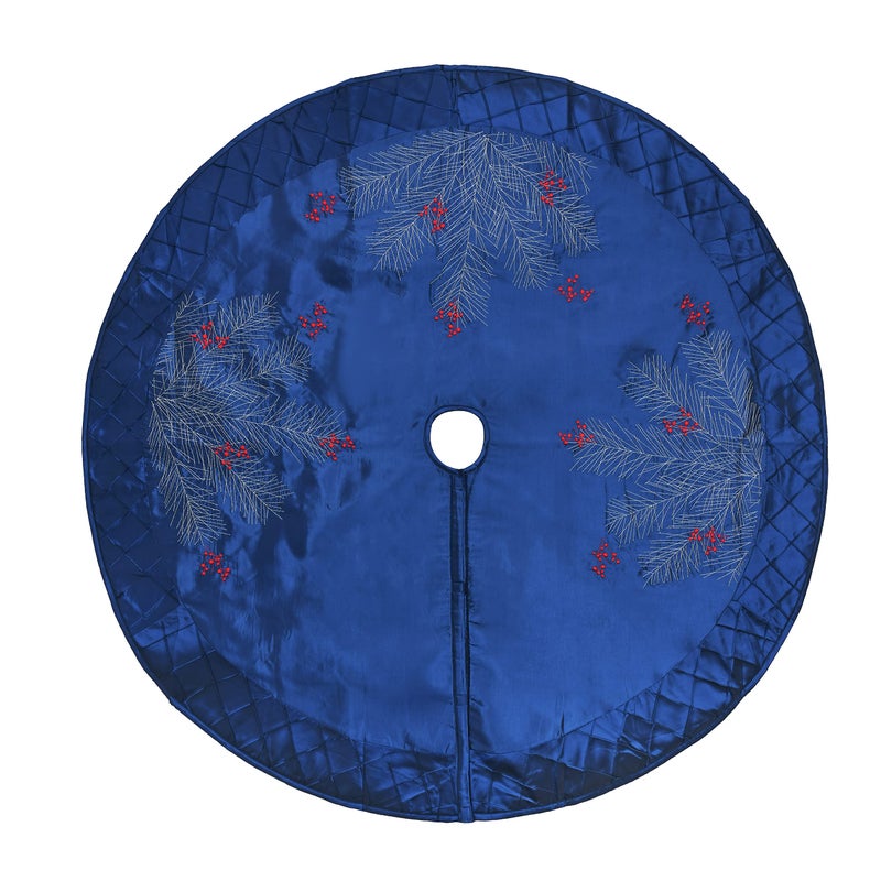 ONGLYP X.Sem Large Pine Branches Berry Embroidered Faux Silk Christmas Tree Skirt with Pintuck Border 50'' Blue (50 inch) - Image 2